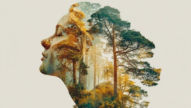 Profile of a woman, her head and shoulders, overlaid with a forest scene. A soft, ethereal quality - Powered by Adobe