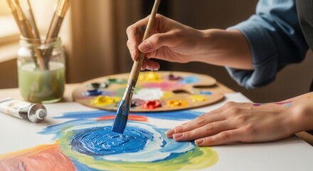 Obraz premium Close-up of an artist painting a vibrant blue swirl on canvas in a bright and creative studio