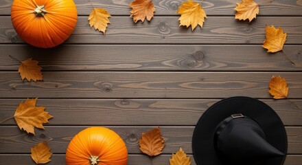 Overhead view of a rustic wooden table decorated for autumn with two pumpkins, scattered dry orange leaves, and a black witch hat, perfect for halloween