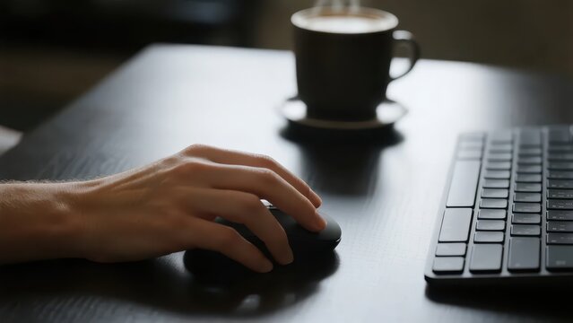 A hand operates a mouse, and a cup of steaming coffee is placed next to it, creating a scene during work or leisure.