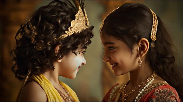 Two children dressed as the deities krishna and radha exchange smiles