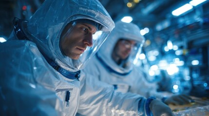 Two male astronauts in white space suits work on a control panel in a high-tech environment. Bright lights illuminate the scene, emphasizing their focused expressions.