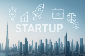 Obraz na płótnie Canvas Startup growth 2026 skyline city business skyline entrepreneurship innovation rocket idea briefcase globe gear