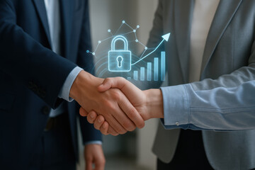 Business handshake with digital padlock and upward growth graph conveying startup growth 2026 partnership trust innovation security optimism