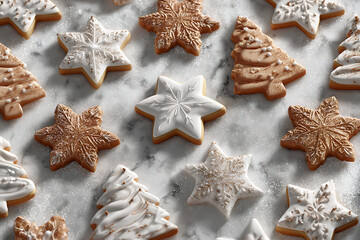 Festive holiday cookies in star and tree shapes dusted with sparkling sugar create a warm, inviting winter celebration scene perfect for seasonal promotions.