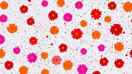 Small flowers in varying colors (pink, red, orange) scattered on a white background with red dots