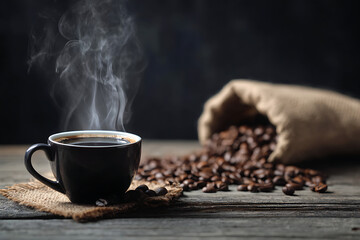 Steaming cup of black coffee with scattered roasted beans on a rustic wooden table.