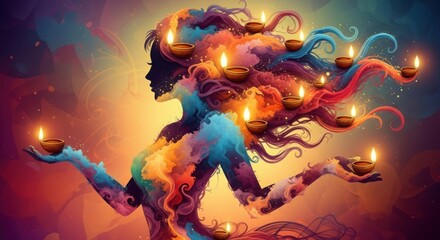 Silhouette of woman with candles in hair, celebrating diwali with light