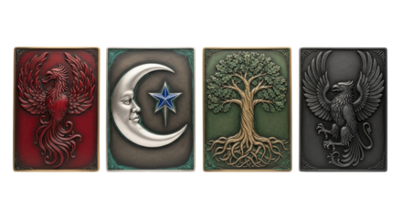 Four aged bronze tablets, horizontally aligned on a white background, display intricately etched emblems: crimson phoenix, silver moon & star, green oak, charcoal gryphon, ancient power concept