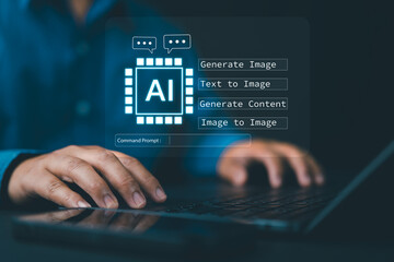 Person using hand AI, Artificial Intelligence to generate content. Text to image, smart AI, by entering command prompt for generates something, Futuristic technology Business transformation.