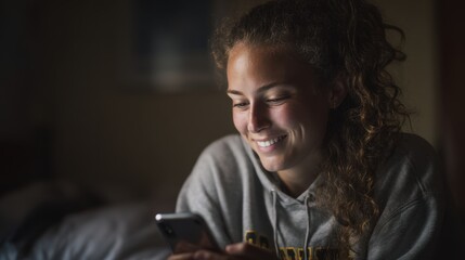 Young Caucasian woman with curly hair smiles while using a smartphone in a dimly lit room. She wears a gray hoodie and appears relaxed and engaged.