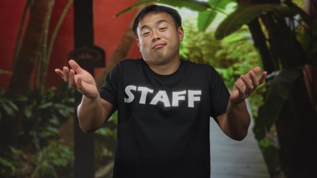 Man wearing black staff shirt shrugs open palms in forest pathway with lush green plants and a puzzled tilt of his head; uncertainty doubt perplexity.
