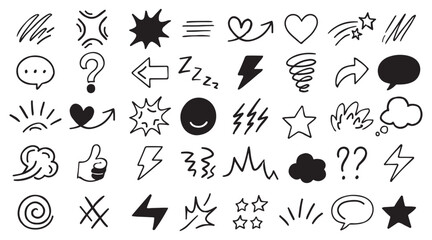 Anime Manga Doodle Vector Line Elements Set. Vector modern illustration of express shape on transparent background. Collection of graphic effects for character emotion. 