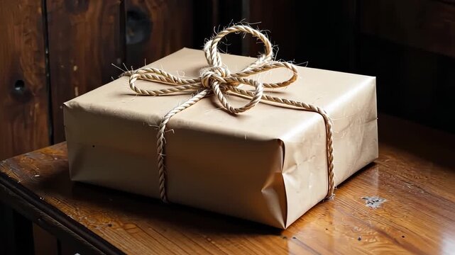 Beautifully Wrapped Brown Paper Package with Twine Bow Placed on Rustic Wooden Table in Cozy Ambient Lighting Setting