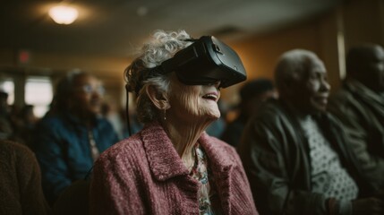 Elderly woman with gray hair wearing virtual reality headset. She smiles while seated among a group of older adults in a dimly lit room.