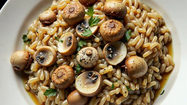 Delicious Orzo Pasta with Saut&eacute;ed Mushrooms Served in Herb-Infused Sauce Garnished with Fresh Parsley for a Rich and Flavorful Meal