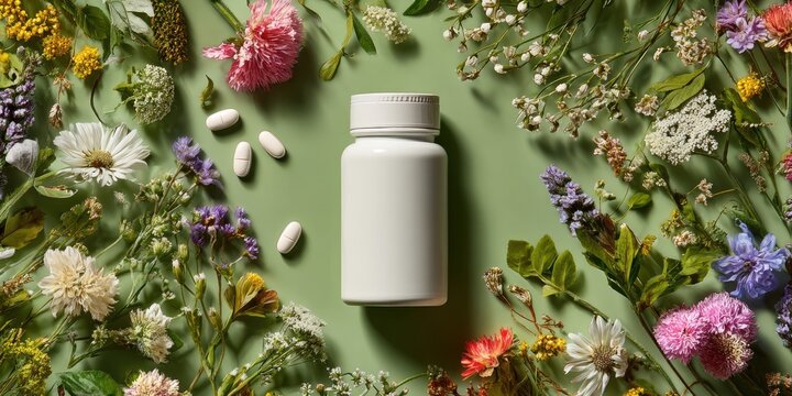 A white supplement bottle surrounded by colorful wildflowers and herbs on a sage green background