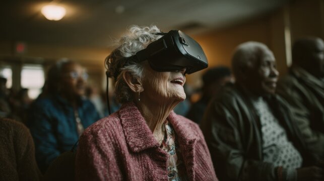 Elderly woman with gray hair wearing virtual reality headset. She smiles while seated among a group of older adults in a dimly lit room.