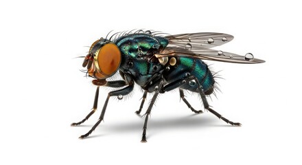 Fototapeta premium A closeup of a green bottle fly with water droplets on its body, isolated on white background