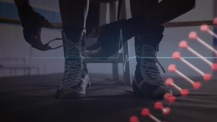 Animation of screen with heart rate and dna over legs of caucasian man tying shoes - Powered by Adobe
