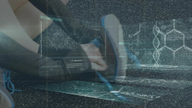 Animation of screen with scientific data and dna over legs of caucasian woman putting on shoes - Powered by Adobe