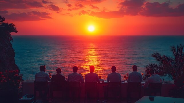 Six men watch the vibrant sunset over the tranquil ocean from a scenic cliffside terrace enjoying the peaceful evening view