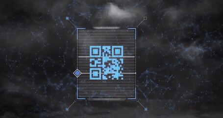 Animation of qr code scanner and network of connections against thunder and dark clouds - Powered by Adobe