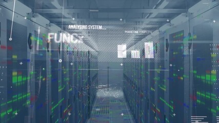 Animation of digital interface with data processing against computer server room - Powered by Adobe