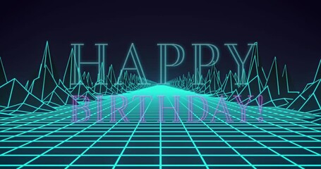 Animation of happy birthday text over mountains - Powered by Adobe