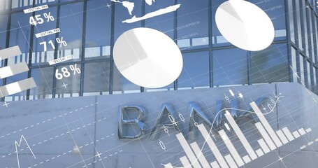 Animation of statistical data processing against tall bank building - Powered by Adobe