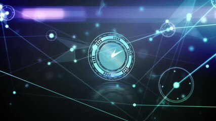 Animation of neon ticking clock over network of connections against blue background - Powered by Adobe