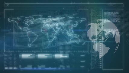 Animation of data processing and globe over world map - Powered by Adobe