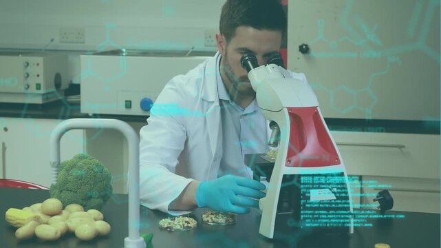 Animation of medical data processing over caucasian male scientist using microscope at laboratory - Powered by Adobe