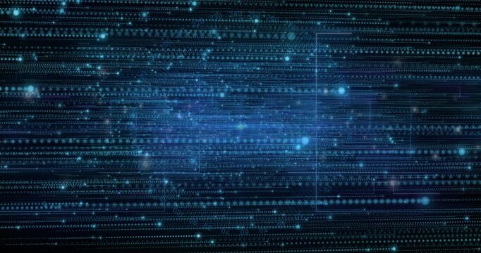 Animation of light trails over data processing on black background - Powered by Adobe