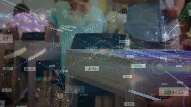 Animation of network of connections over male teacher confiscating smartphone of a student