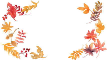 水彩。水彩画タッチで描いた秋の木の葉ベクターイラスト。秋の落ち葉と木の実セット。Watercolor. Vector illustration of autumn leaves painted with a watercolor-like touch. Set of autumn fallen leaves and berries.