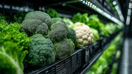 Fresh green vegetables including broccoli and lettuce displayed on shelves in store.
