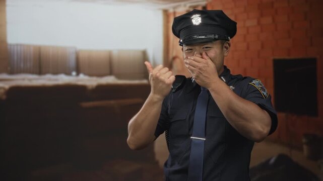 Young chinese policeman covers mouth with hand and gives thumbs up inside an unfinished brick building; approval support positivity encouragement.