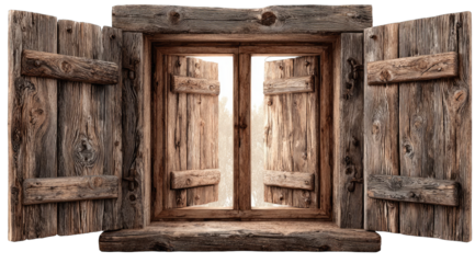 Aged wooden shutters, open window