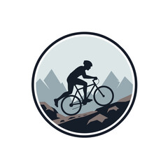 Mountain Bike Badge, Cyclist Silhouette on Rocky Mountain Trail, Badge Style With Circle Frame, Vector Flat Design