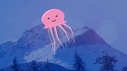 Animation of pink jellyfish over against snowcapped mountains against sky during foggy weather - Powered by Adobe