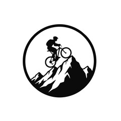 Simple Mountain Bike Logo Badge, Silhouette of Cyclist Climbing a Peak, Circular Frame