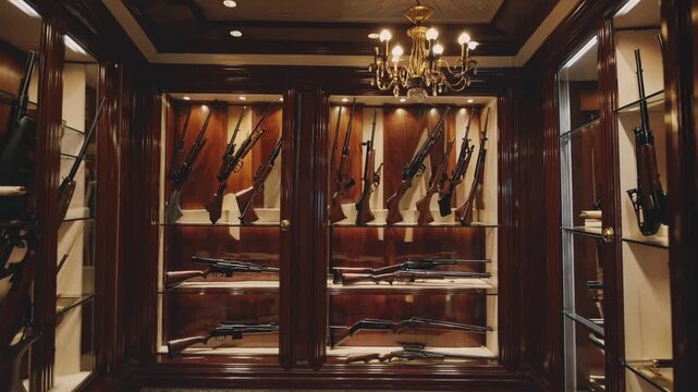 Display of vintage firearms in an elegant wooden room with ornate lighting