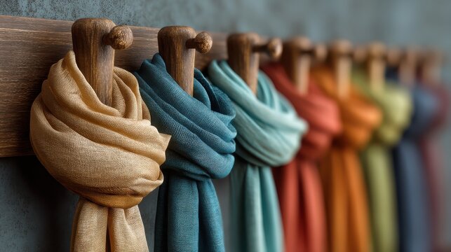 A colorful display of scarves hanging on wooden hooks against a textured wall, showcasing a variety of fabrics and hues.