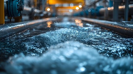 Dynamic view of flowing water with bubbles in an industrial treatment facility showcasing modern engineering and environmental processing technology