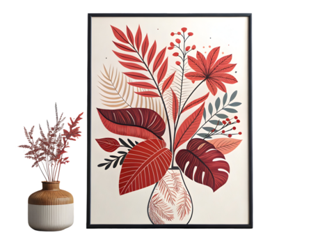 Red leaves in vase abstract minimalist botanical illustration image