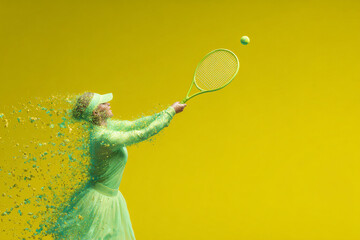 Professional tennis player serving with particles effect on yellow background
