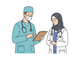 Fototapeta premium Male Surgeon and Female Muslim Doctor Discuss Patient Notes