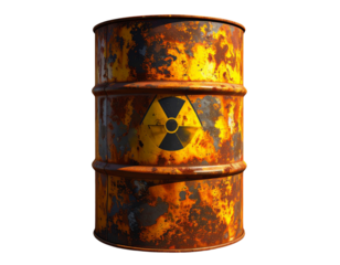Angled 3D View of Rusted Oil Barrel with Corrosion and Leaks, Transparent Background PNG