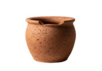 A squat, unglazed terracotta pot, rough and porous with an irregular rim, on a transparent studio background with soft, diffused lighting, concept of traditional craftsmanship